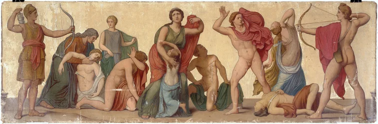 "Het bloedbad van de Niobiden", compositie uit het atrium van het Pompejaanse huis van prins Napoleon, circa 1860 (olieverf op doek op hout)