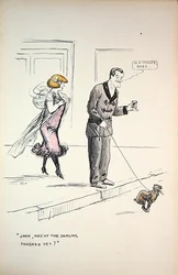 Koppel wacht tot een hond zijn behoefte doet, c.1921