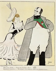 Acteur Albert Bresseur in de rol van Napoleon in Madame Sans-Gene, door Victorien Sardou, karikatuur uit 1893