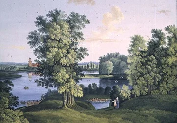 Uitzicht op het eiland vanaf het grote meer in het park van Tsarskoye Selo