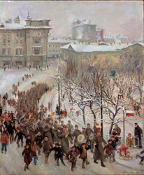 De mannen van het Rode Leger. Parade van de troepen van de Sovjet-Unie in de besneeuwde straten tijdens de Tweede Wereldoorlog (1939-1945), voorafgegaan door de fanfare en vergezeld door vrolijke kinderen.