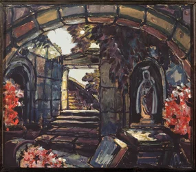 Voorbereidende decoratie voor het toneelstuk "Zuster Beatrice" door Maurice Maeterlinck