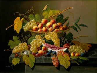 Stilleven met een mand met fruit