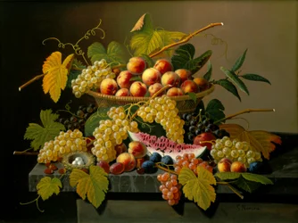 Stilleven met een mand fruit