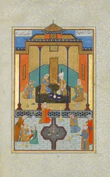 Bahram Gur in het Sandal Paleis op Donderdag, Folio 230 uit een Khamsa..., A.H. 931A.D. 1524-25