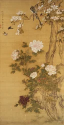 Pioenen, vogels en magnoliaboom, hangende rol, Qing-dynastie (kleur op zijde)