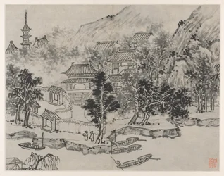 Twaalf gezichten op Tiger Hill, Suzhou: vergezicht op Tiger Hill vanaf de aanlegplaats aan het kanaal, na 1490