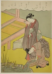 Jong meisje dat vis in een vijver gooit