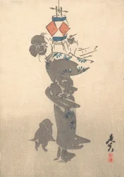 Een hangende lantaarn aansteken voor het Obon-festival, 1860