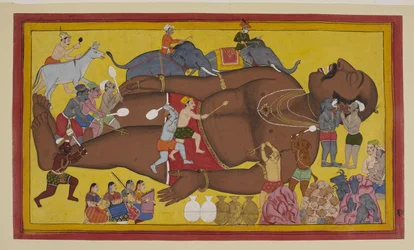 Demonen wekken slapende Kumbhakarṇa op om tegen Rāma te vechten