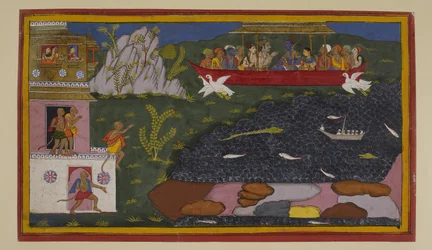 Rāma laat Sītā hun verleden zien; apen bij Kiṣkindhā gaan mee op hun reis naar huis