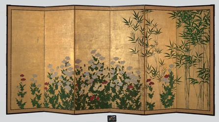 Bamboe en klaprozen, vroeg 17e eeuw (Paar schermen met zes panelen; inkt, kleur en goud
op papier)