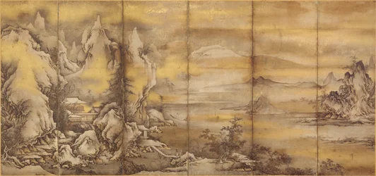 Japans: 『式部輝忠筆 四季山水図屏風 室町時代 』 Landschap van de vier seizoenen, één van een paar (Asian Art Museum B60D49+)