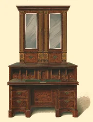 Notenhouten ingelegde schrijfkabinet, 1905