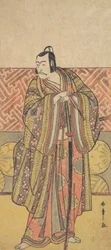 Ichikawa Danjuro V als Kudo Suketsune, rijkelijk gekleed, leunend op zijn zwaard, late 18e eeuw