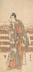 De tweede Ichikawa Monnosuke als een man van hoge rang in de sneeuw