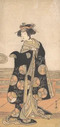 Yoshizawa Iroha als een Vrouw die op de Engawa van een Huis bij een Rivier Staat, ca. 1778