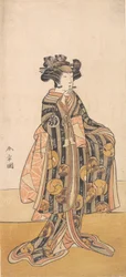 Yoshizawa Iroha als een vrouw Tomoe Gozen staand op de oever, 1774 of 1775
