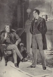 Toen hij bij het vuur stond: scène uit het Sherlock Holmes-mysterie Een schandaal in Bohemen, door Arthur Conan Doyle