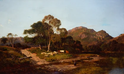 Een melkmeid steekt een doorwaadbare plaats over met schapen en vee op de achtergrond