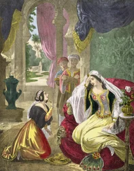 De gevangengenomen Hebreeuwse dienstmaagd die Naamans vrouw diende, uit een door Edward Gover gedrukte Bijbel, jaren 1870