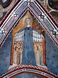Voorstelling van de Maagd Maria Moeder van de Kerk Fresco van de Kapel van de Maagd gemaakt door de School van Siena van de 14e eeuw - Klooster van St. Benedetto (Sacro Speco), Subiaco (Rome), Italië