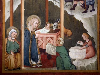 De geboorte Fresco van de school van Siena. 14e eeuw. Kapel van de Maagd. Klooster van Sint Benedetto