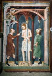 De geseling Fresco van de school van Siena. 14e eeuw. Bovenkerk. Klooster van Sint Benedetto