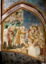 De kindermoord. Detail van een fresco van de Sienese school (14e eeuw), 1363-1366. Klooster van Sint-Benedictus, Sacro Speco, Subiaco (Rome), Italië