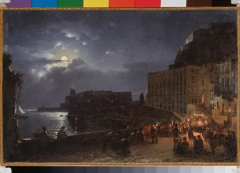 De kade Santa Lucia in Napels, een nacht met volle maan
