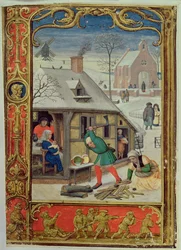 Januari: Hout hakken en sleeën, uit een Getijdenboek, of het Golfboek, c.1520-30