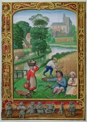Augustus: Oogsten bij een rivier, uit een Getijdenboek, of het Golfboek, c.1520-30 (perkament)
