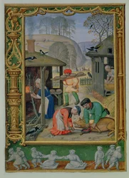 December: Voedsel bereiden voor de winter, brood maken en een varken slachten, uit een Getijdenboek, of het Golfboek, c.1520-30