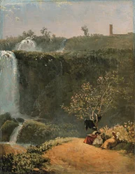 Elisabeth Louise Vigée-Lebrun tekent de Tivoli-waterval met haar dochter Julie en haar gouvernante (olieverf op papier gemonteerd op doek))