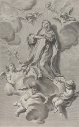 De Extase van Sint Catharina van Siena, knielend op een wolk gedragen door engelen, 1729-40
