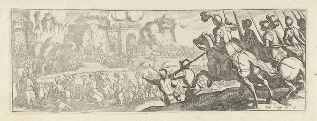 Cavaleristen bestormen een stadsmuur (Cavalerie, series title) Faecvnda qvam sit acris ingeni viris dilecta Phaebo et gratys Florentia, sat indicant pvgnae, enthea vi pectoris quas Mercuri sculpsit cliens tempestiv (series title)