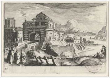 Emmaüsgangers voor een stadspoort in een berglandschap