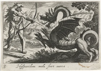 Hercules doodt de draak Ladon. Hesperidum mala fert aurea (titel op het object). Hercules-thema