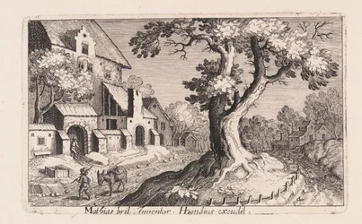 Man met ezel die door een dorp loopt, uit Topographia Variarum Regionum