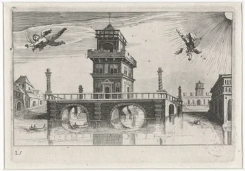 Stadsgezicht met Icarus en Daedalus Zuid-Europese landschappen (serie titel) Topographia variarum regionum (serie titel)