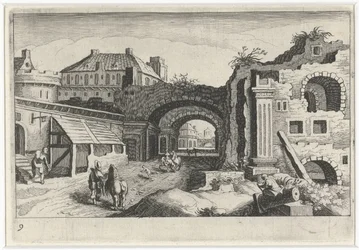 Stadsgezicht met een ruïne