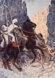 De Schotse ridder Sir Kenneth met de Saraceen, verrast door Hamako terwijl zij reden in de Vallei van de Schaduw des Doods, illustratie voor 