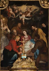 Parochiekerk (Nederename, Sint-Vedastuskerk). Interieur. Het hoogaltaar. Aanbidding der Wijzen. Simon De Paepe. Ca 1660-1670.