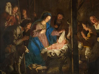 Parochiekerk (Onze-Lieve-Vrouw-Hemelvaartkerk). Interieur. Schilderij. Kersttafereel. Simon De Paepe. Oorsprong abdij Ename (?).