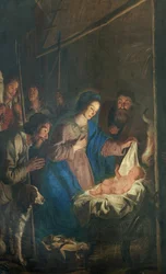 Parochiekerk (Onze-Lieve-Vrouw-Hemelvaartkerk). Interieur. Schilderij. Kersttafereel. Simon De Paepe. Oorsprong abdij Ename (?)