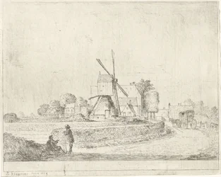 Molen en huizen langs een landweg