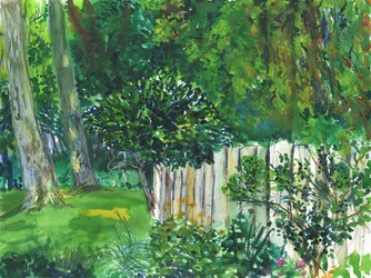 Tuin en wetland (aquarel, aquarelpotlood en grafiet op papier)