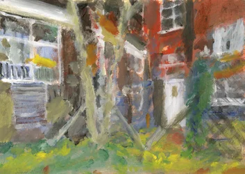 Telefooncentralegebouw met boom en hek, 2023