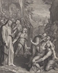 De Opwekking van Lazarus, met Christus staand links