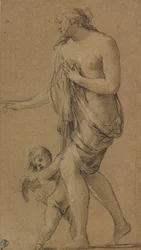 Studie voor de figuren van Venus en Cupido (recto); Studie van een mannelijk naakt (verso)